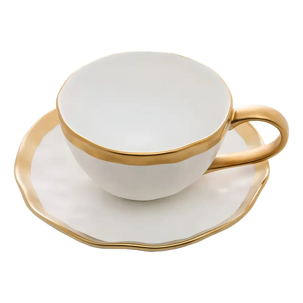 Jogo Xicaras De Chá Com Pires Dubai Porcelana 200ml Branco Wolff Pérola/branco Listras