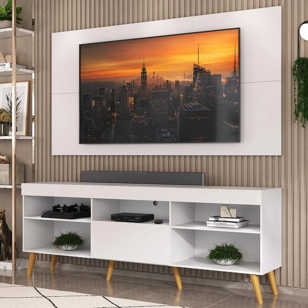 Rack com Painel TV 50" 55" 60" 65" Retrô Flórida Up Multimóveis MP1042 Branco/Natural