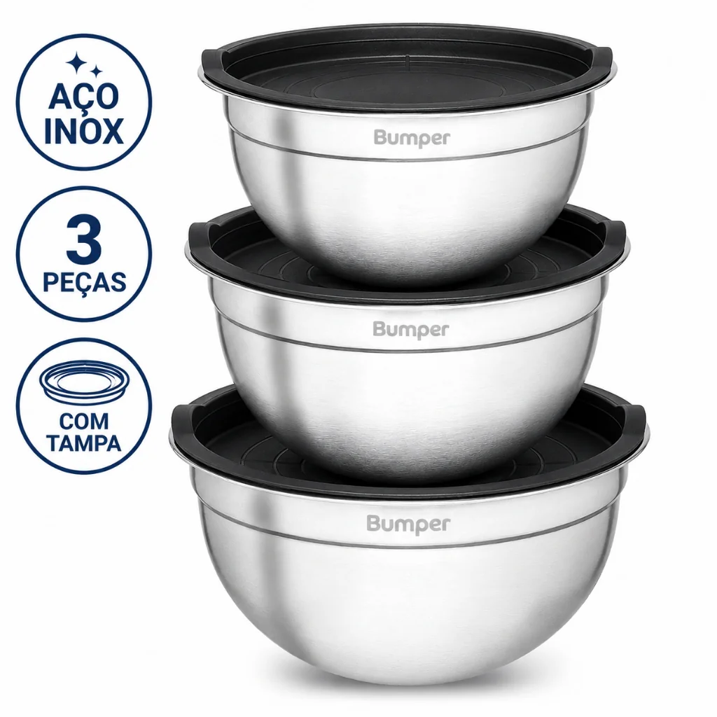 Kit 3 Bowls Inox com Tampa Bumper 1,4L 2L 2,6L Empilháveis Pote Tigela Multiuso