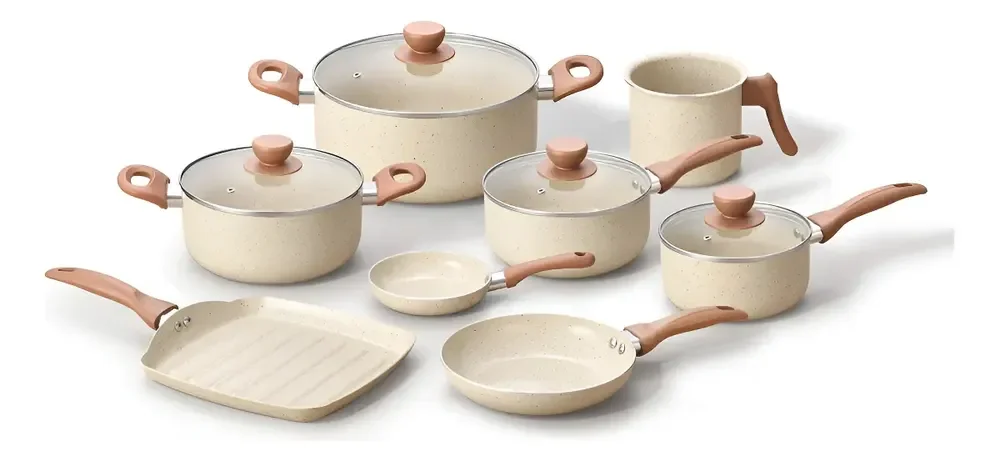 Jogo Com 8 Panelas Antiaderentes De Ceramica Terrara Bege - Oikos