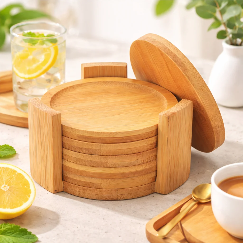 Porta Copos de Bambu Natural com Suporte Conjunto 6 Peças Redondas para Copo Bolacha para Copo