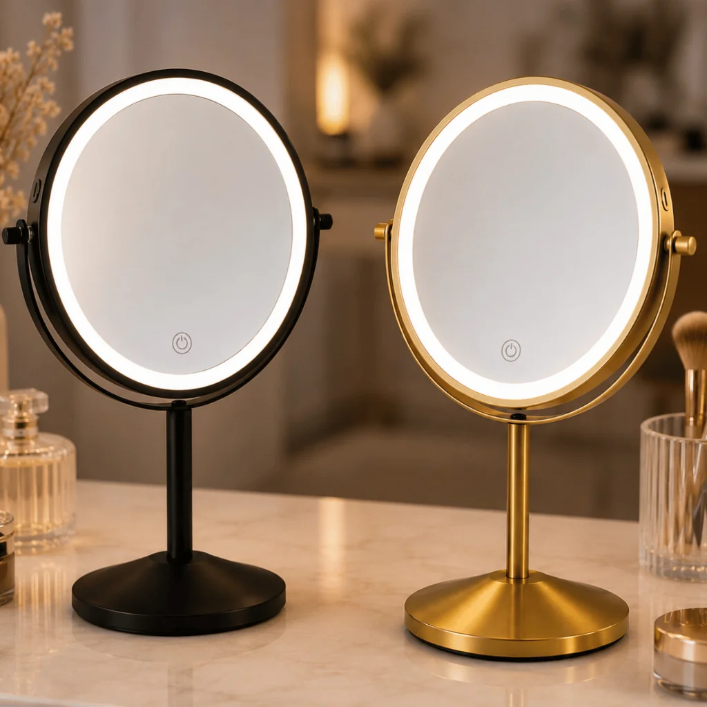 Espelho Maquiagem de Mesa com LED Touch Dupla Face 10x Recarregável USB-C Redondo para Bancada