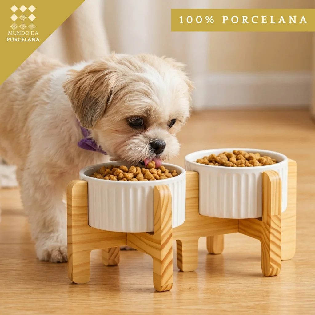 Comedouro e Bebedouro Pet Elevado Duplo Porcelana 320ml Pote Ração Água