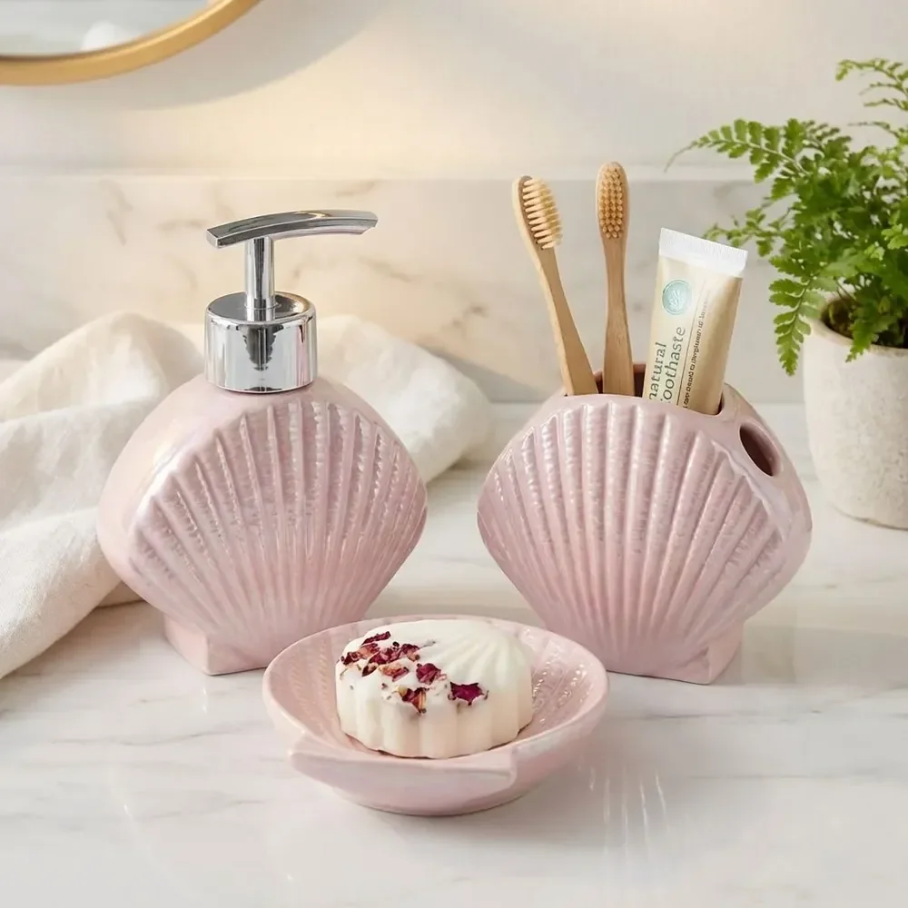 Kit Banheiro Lavabo Dispenser Porta Escova Saboneteira 3 Pçs Rosa Ariel