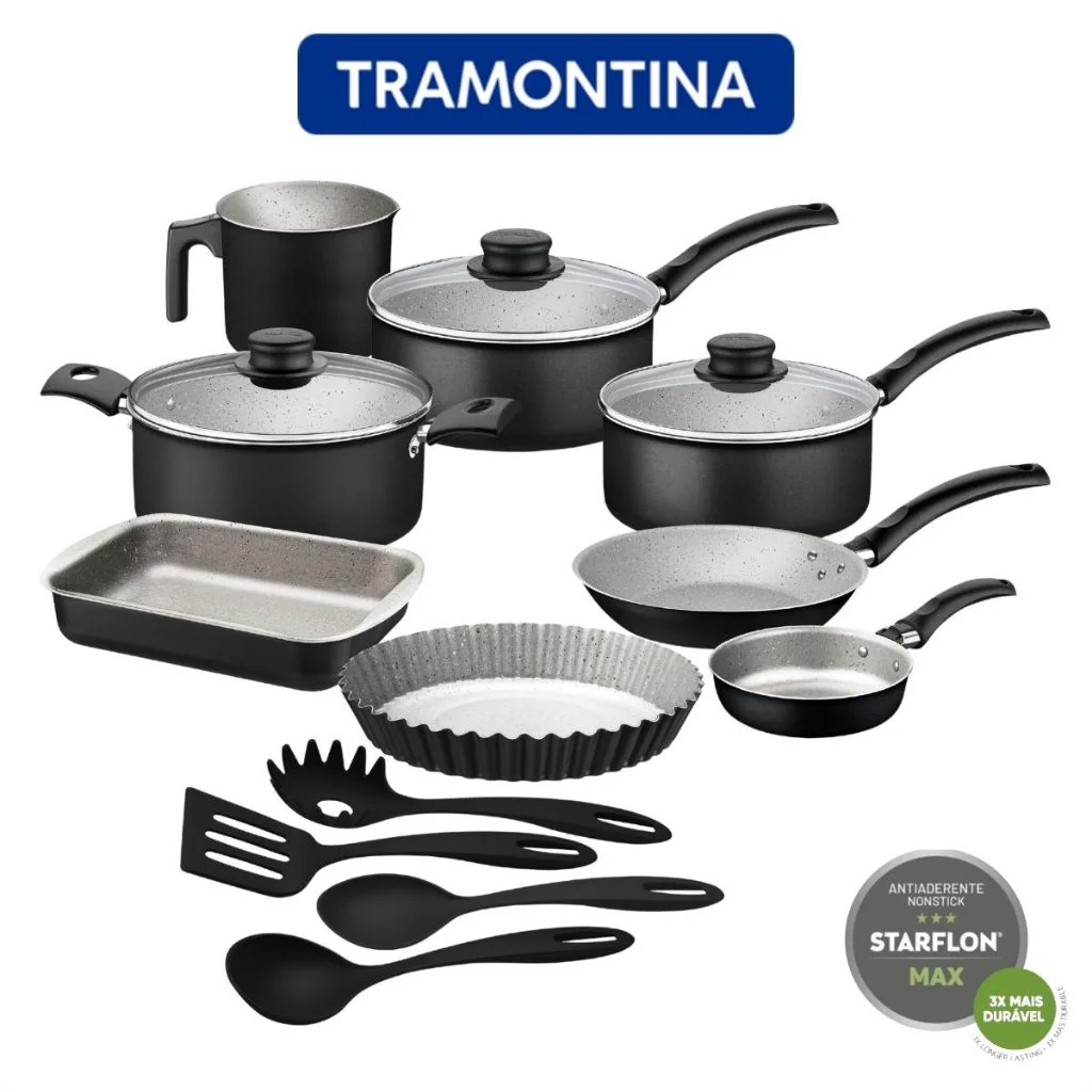 Jogo De Panelas Antiaderente Tramontina 12 Peças Turim Com Utensílios