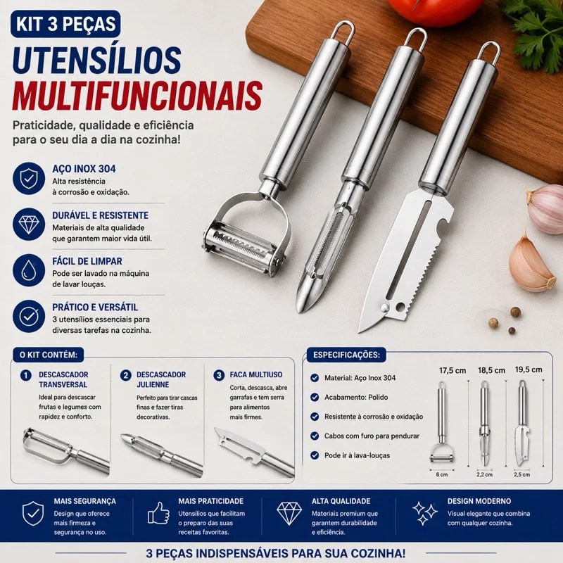 Kit 3 Descascadores Inox Legumes Frutas Escama Peixe Queijo