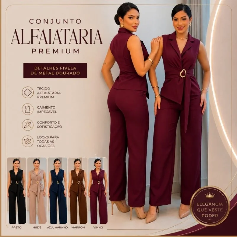 CONJUNTO FEMININO COLETE E CALÇA PANTALONA ELEGANTE DETALHE FIVELA DE METAL