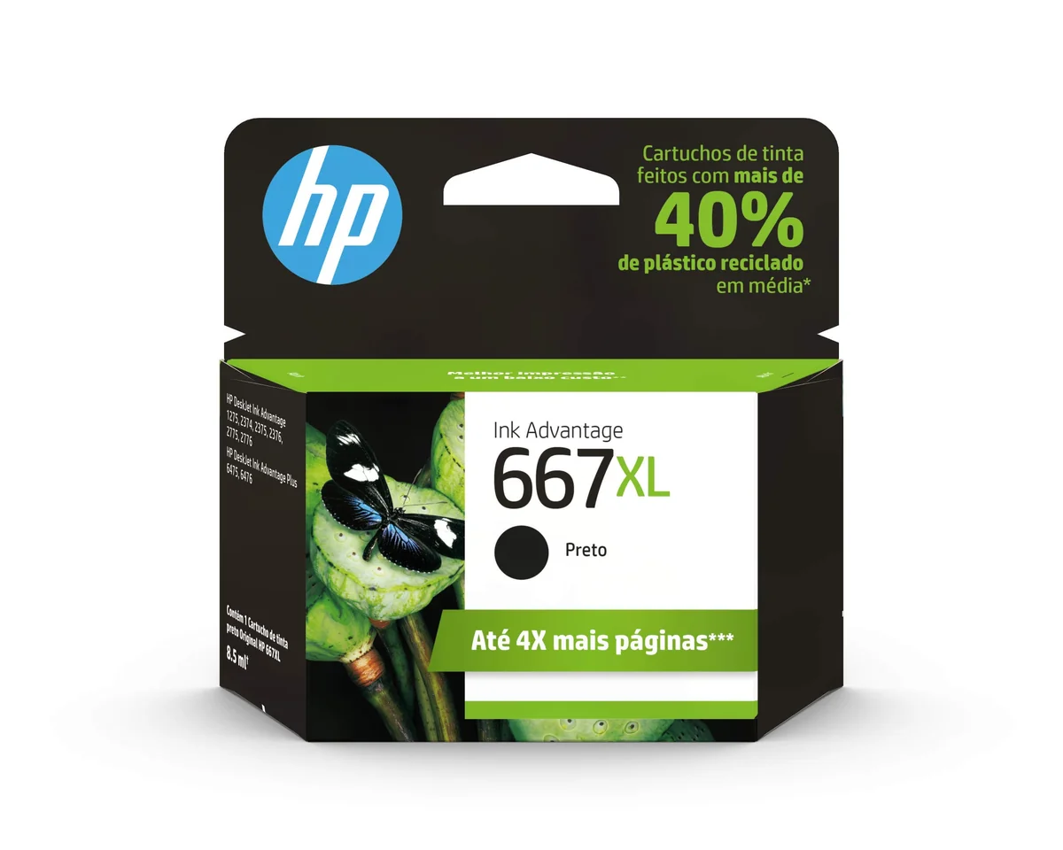 Cartucho HP 667XL Preto Original (3YM81AB) Para HP Deskjet 2376, 2776, 6476, 5076, 52765076, Impressora HP 5276