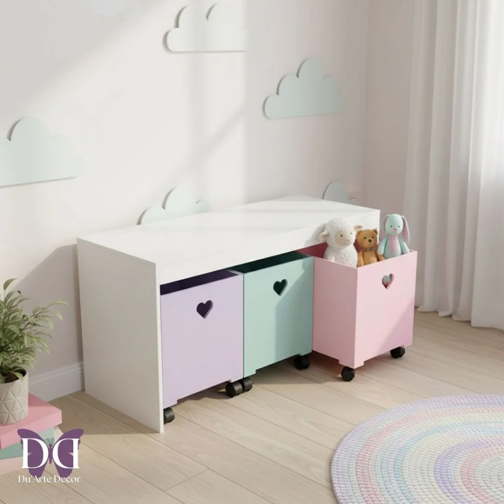 Organizador de Brinquedos Bancada Infantil 3 Gavetas Com Rodinhas em MDF