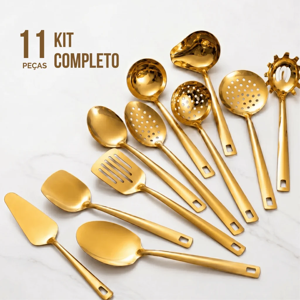 Kit Utensílios 11 Peças Aço Inox Dourado Conjunto Cozinha Talheres Servir Inoxidável Espátula Luxo