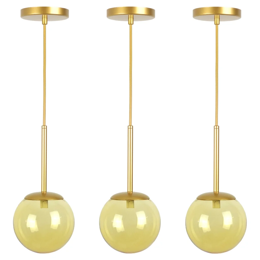 Kit 3 Pendentes Jabuticaba Dourado Globo De Vidro Âmbar
