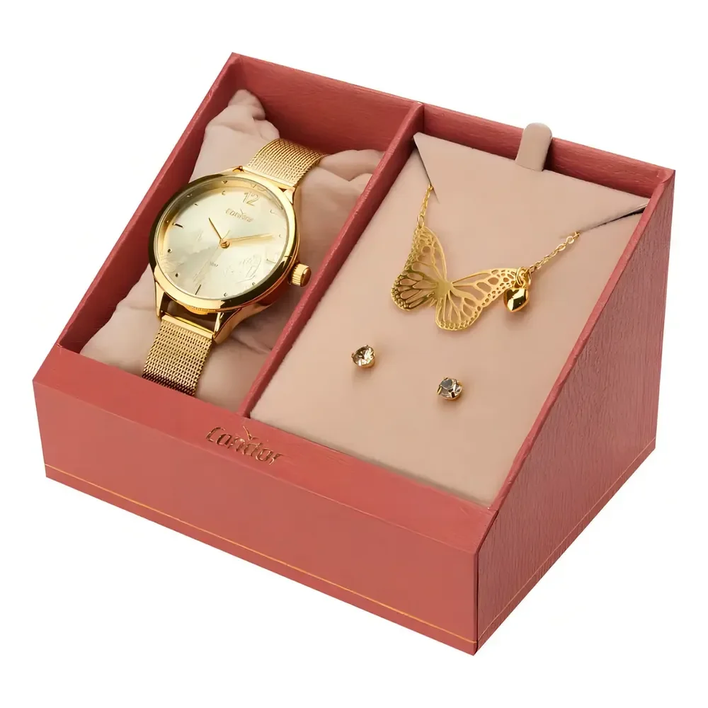 Kit Relógio Feminino Dourado + Condor Dourado Dourado Dourado