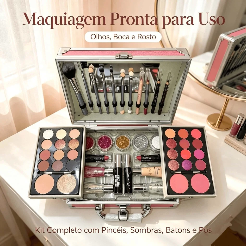 Maleta Completa de Maquiagem 23x17x8cm, Kit com Sombras e Pincéis, Cores Rosa, Fúcsia e Dourado