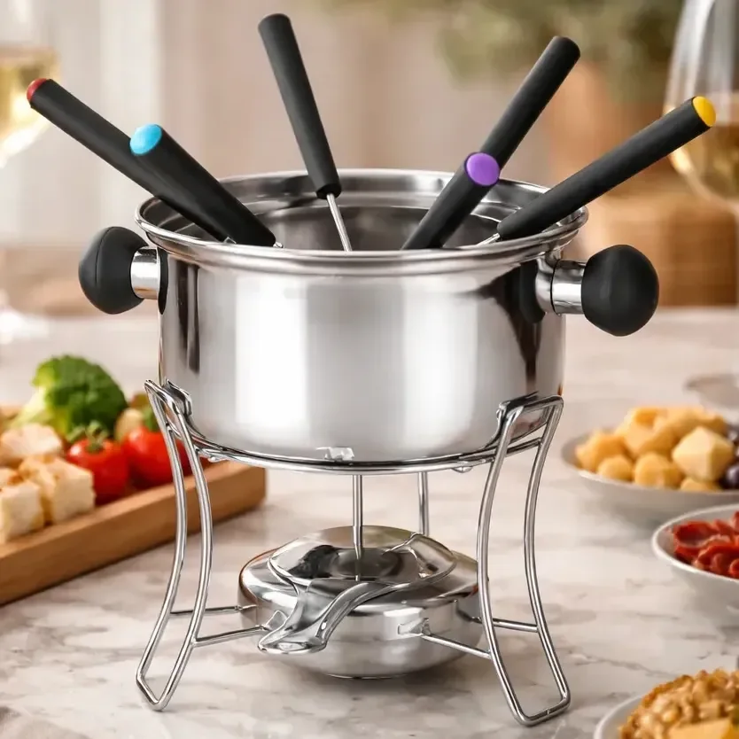 Aparelho Para Fondue Inox 10 Peças Inclui Fogareiro E Base 6 Garfos Prateado