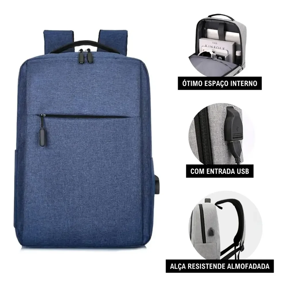 Mochila Impermeável Com Usb Carregador Reforçada Cor Azul - Miran Liso