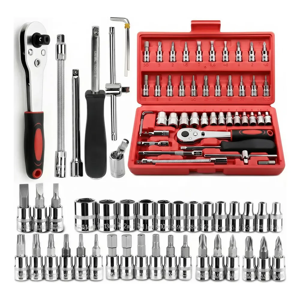 Kit 46 Ferramenta Jogo Chave Catraca Repara Moto Carros Vermelho