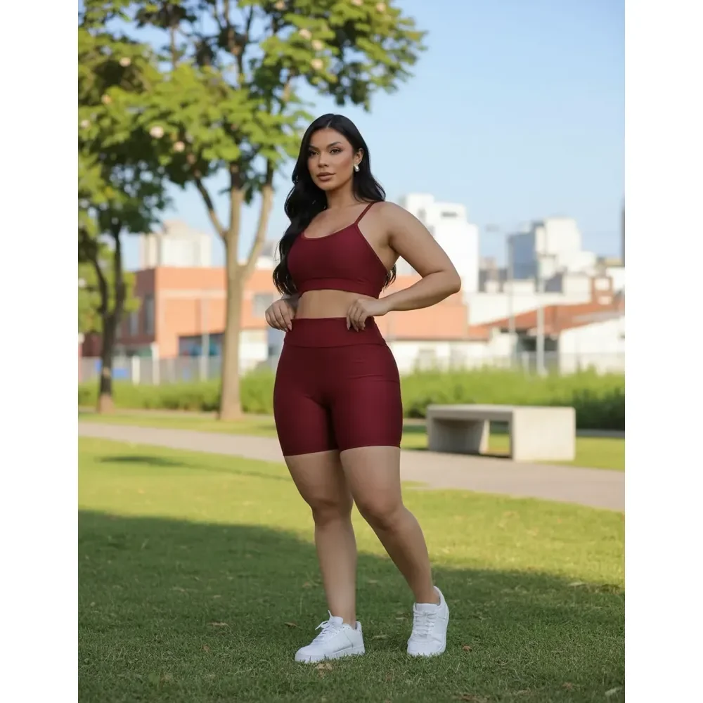 Conjunto Feminino Fitness Top Shorts Meia Coxa Cintura Alta Bordô P
