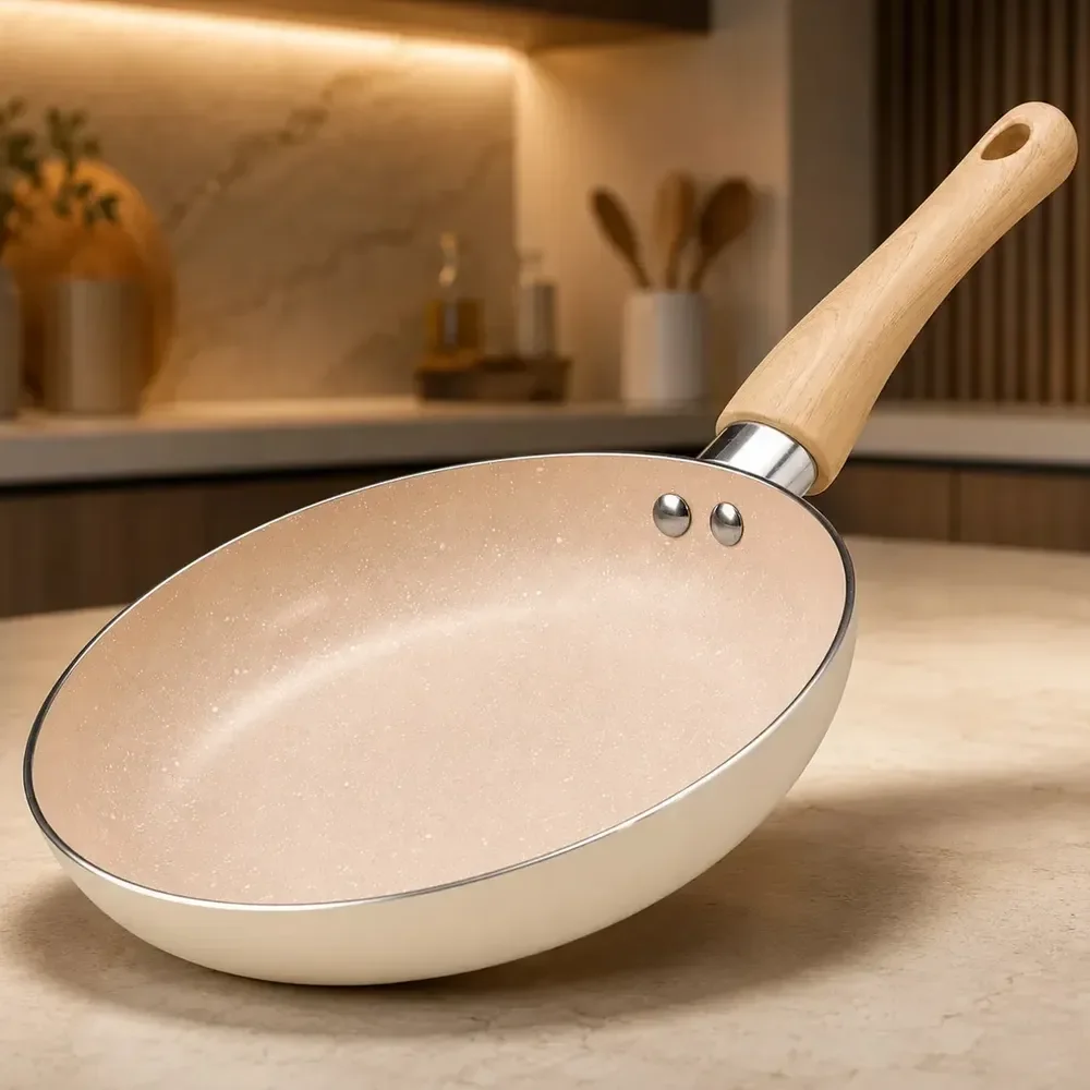 Frigideira De Cerâmica Com Cabo De Madeira Para Indução E Gás, 20 Cm, Creme