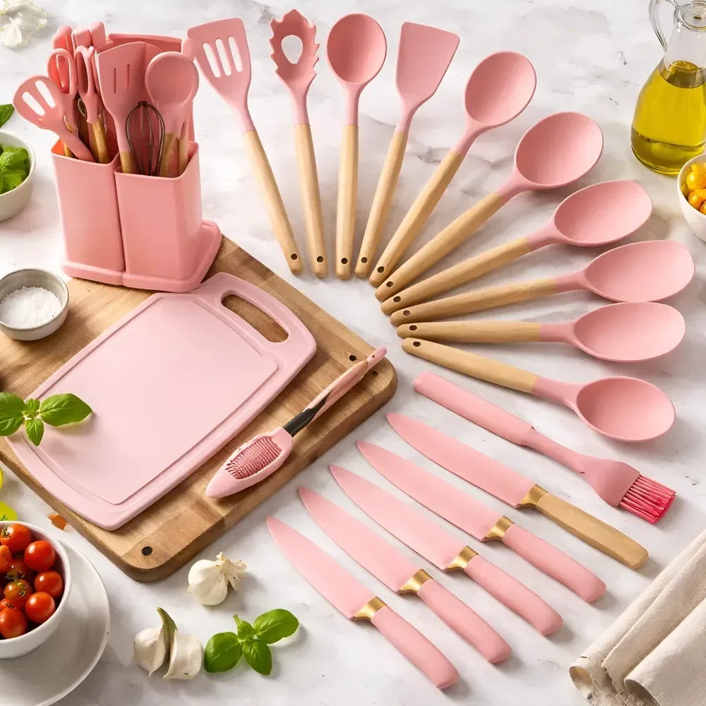 Kit Utensílios Jogo 19 Peças Conjunto Em Silicone De Cozinha Rosa