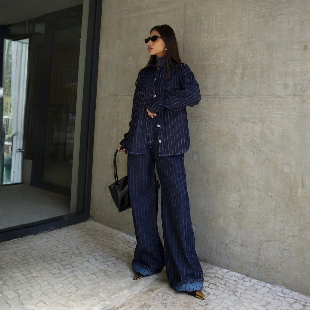 Conjunto Calça Wide Leg e Camisa Oversized Jeans Moda Blusa Feminina Social Cintura Alta Manga Longa