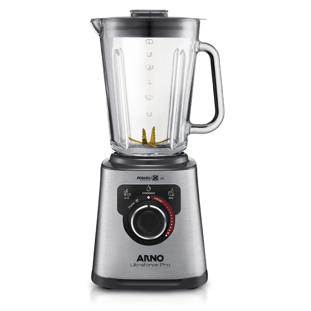 Liquidificador Arno Ultraforce Pro 1100W LN93, com App de Receitas, 6 Lâminas Powelix Life, Jarra de Vidro 2L, Resistente a Choque Térmico e Corpo Inox, Tecnologia Limpa Fácil, 220V