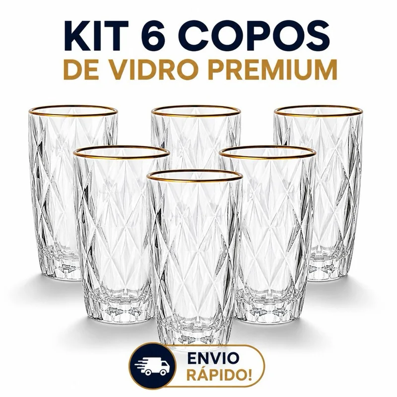 🧡 Kit 6 Copos Diamond com Borda Dourada 370ml