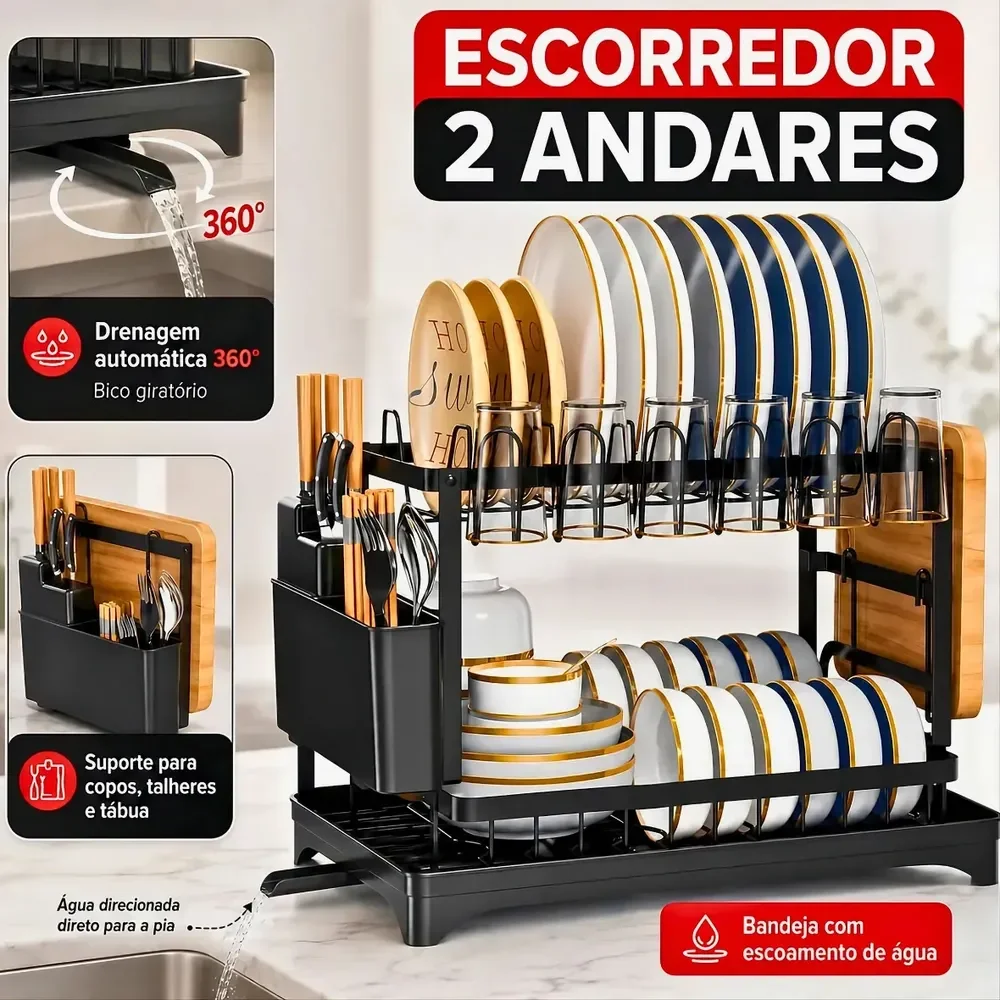 Escorredor De Louça Inoxidável 2 Andares Drenagem Automática Bandeja Grande 360º Organizador Pia Com Porta Pratos Tigelas Talheres Copos