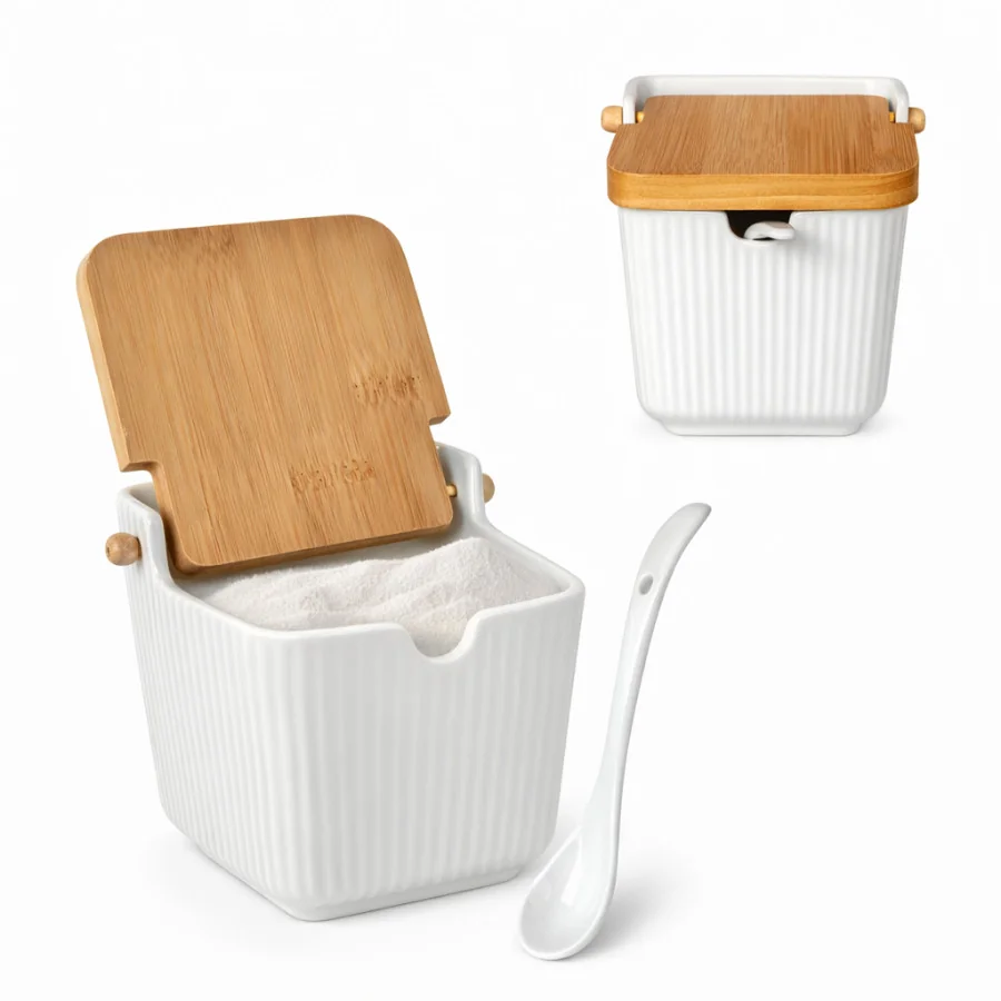 Saleiro De Porcelana Com Colher Tampa Em Bambu 300ml Oásis