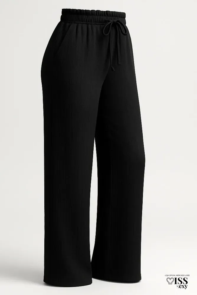 Calça Feminina Alfaiataria Wide Leg Social Pantalona Preta G