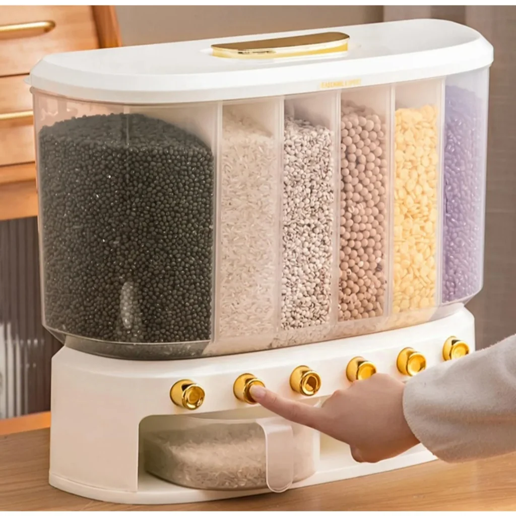 Dispenser Organizador de Grãos com 6 Compartimentos e Botão Dosador – Porta Mantimentos 42x36cm