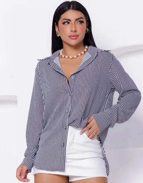 Camisa Social Feminina Clássica Listrada C/ Botões Tendência