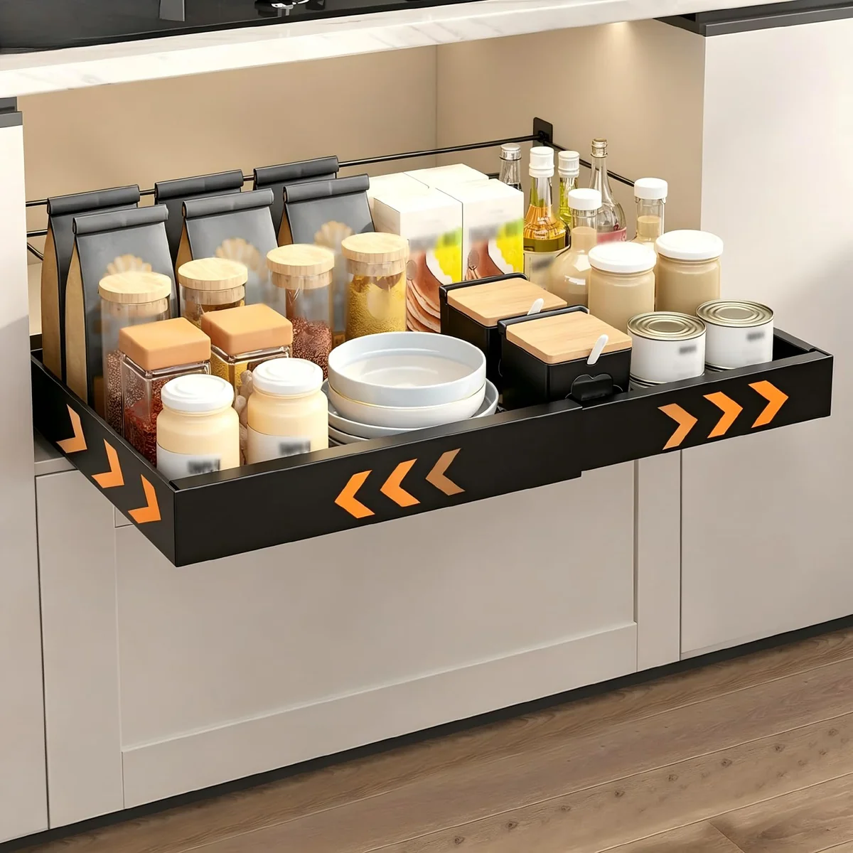 BEMMY Organizador De Prateleiras Deslizantes com Largura Extensível(1 Pacote), Gavetas Removíveis, Serviço Pesado, Prateleiras Deslizantes Removíveis E Adesivas Para Cozinha (42 * 30-50CM) (Preto)