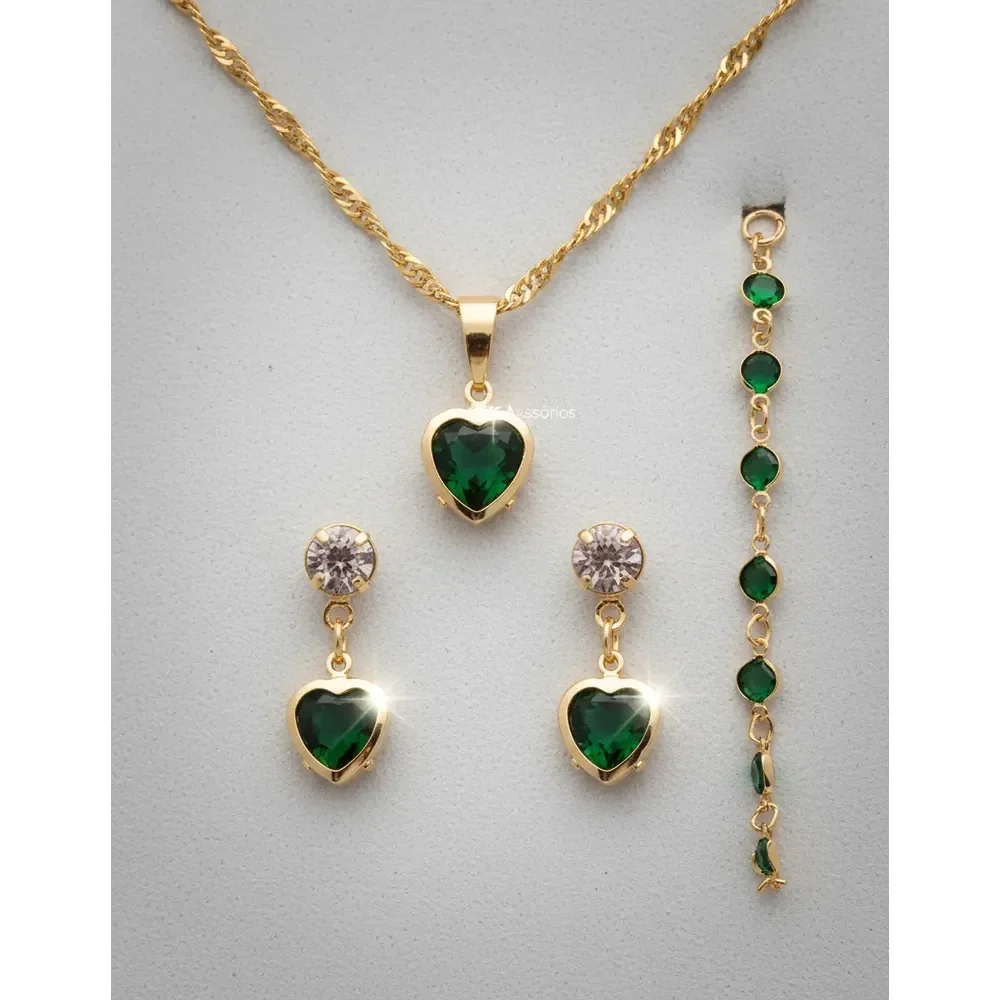 Corrente Feminina+ Pulseira+ Brinco Folheado A Ouro Promoção Verde