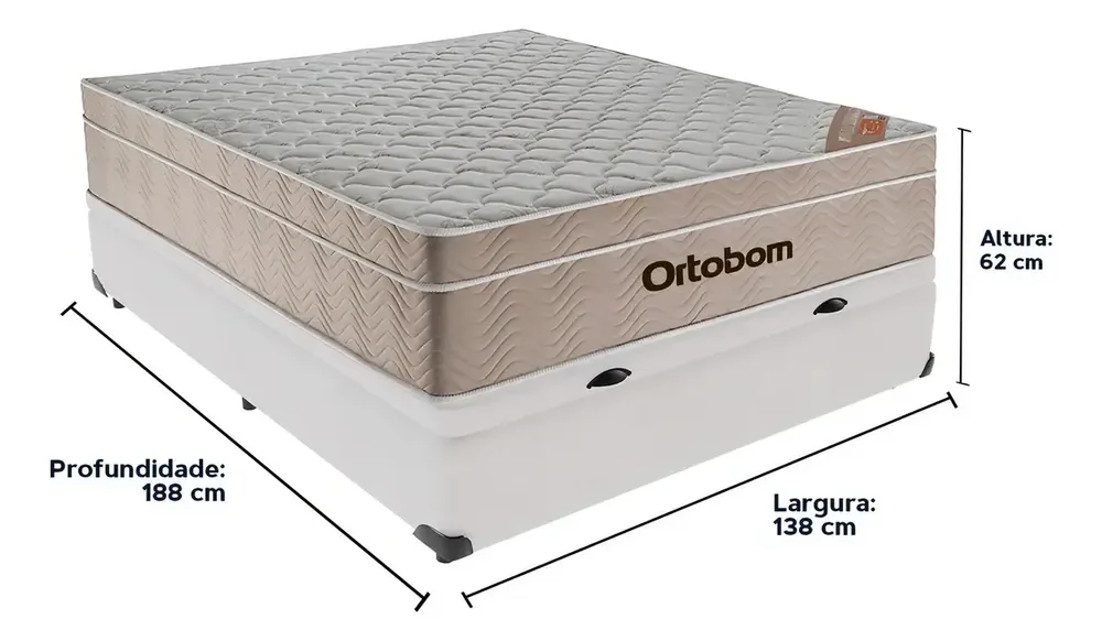 Box Baú Casal + Colchão Molas Marca Ortobom - Modelo Airtech De 138cm - Branco