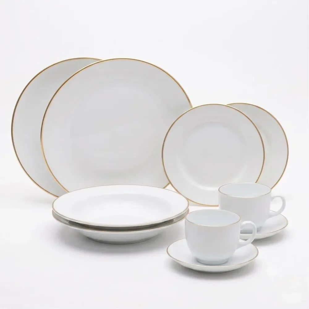 Jogo De Jantar Completo 30 Peças Branco Dourado Branco Borda Dourada
