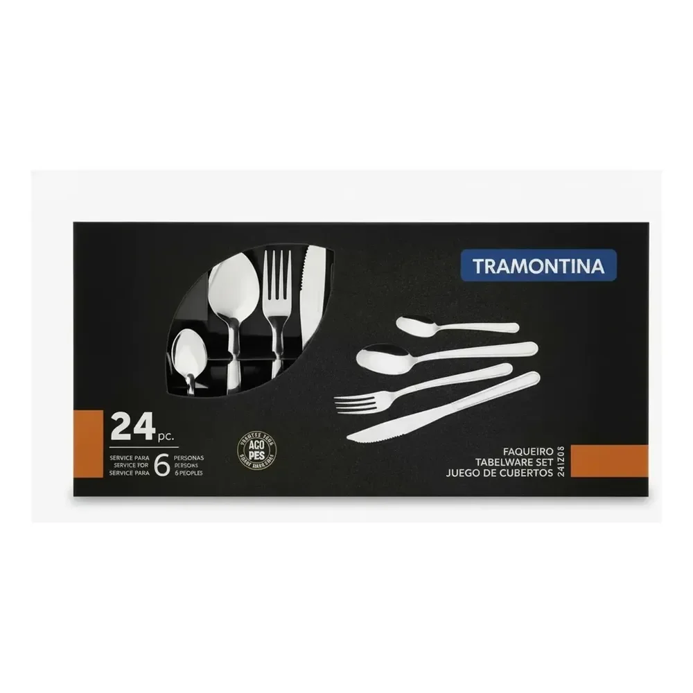 Faqueiro Tramontina 24 Peças Inox Jogo De Talheres Completo 6 Pessoas, Resistente, Não Enferruja, Fácil Limpeza, Kit Talheres Inox Premium Para Cozinha, Mesa Posta E Dia A Dia Cinza