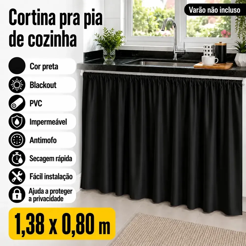 Cortina Pra Pia De Cozinha Blackout Preta 1,38x0,80m Liso - Marianopole Preto