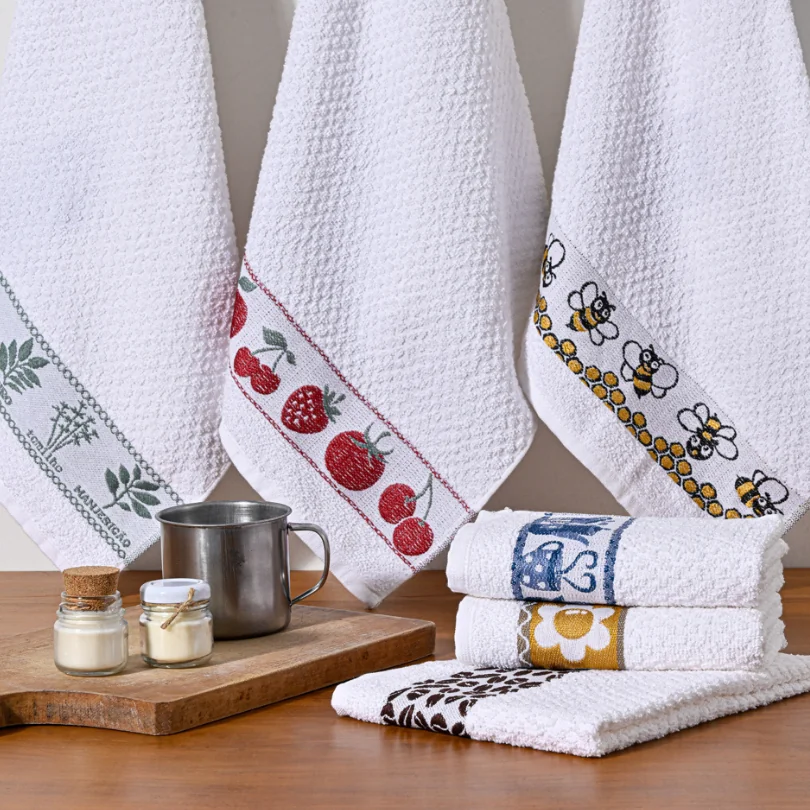 Pano De Copa Kit 5 ou 10 Toalhas Prato Felpudo/Atoalhado - Jacquard - 100% Algodão - 45cm x 70cm