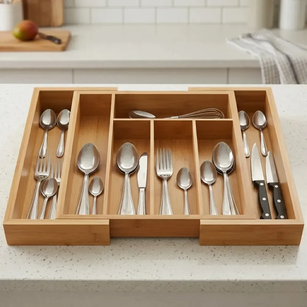 Porta Talheres Bambu Organizador Extensível 7 Divisórias Marrom-claro Kilate Store
