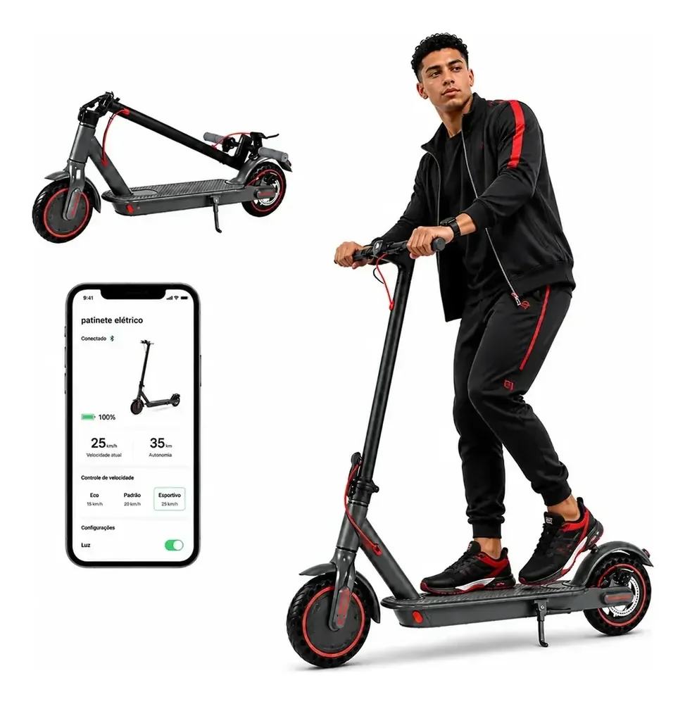 Patinete Elétrico Com Amortecedor E App Gps Bateria Dobrável Preto Com Vermelho