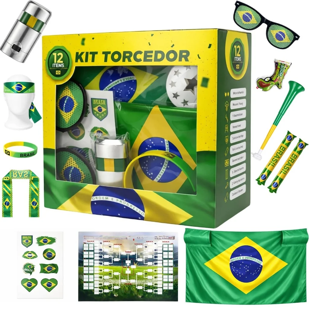 Combo Torcedor Copa 2026 Adesivo Trompete Pintura Facial Bandeira Adesivo Vuvuzela