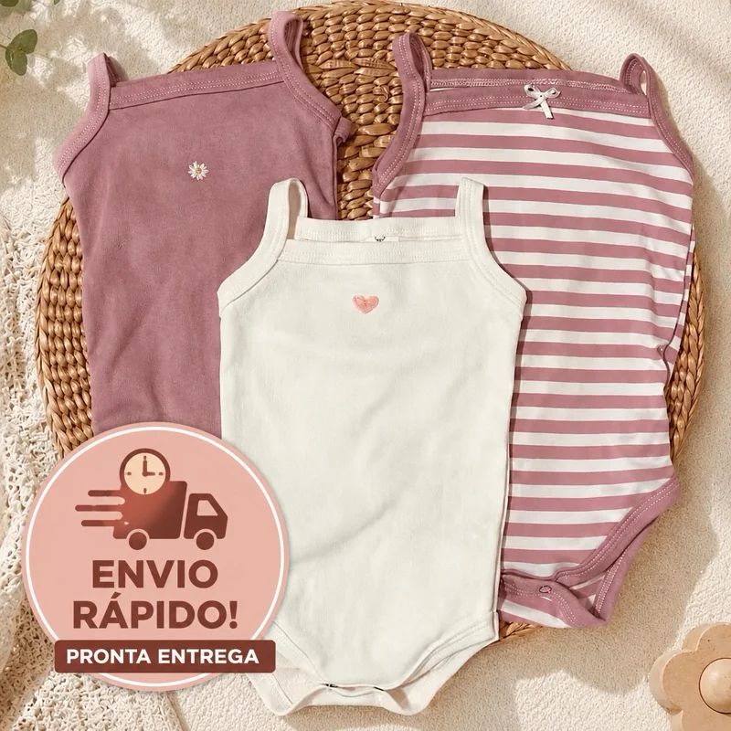 Kit 3 Body Regata Alcinha Bebê Menina 100% Algodão Rosa Enxoval Coração