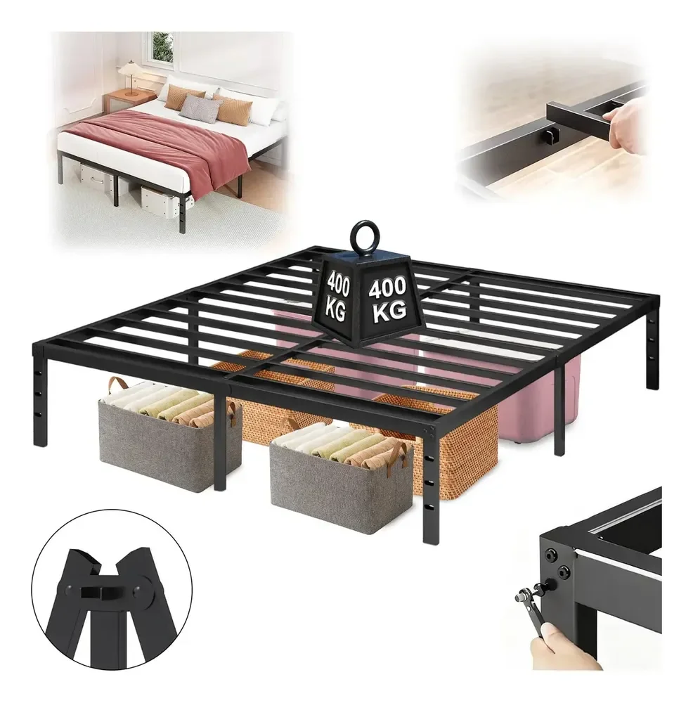 Cama de Casal de Aço Preto com Espaço de Armazenamento, Suporta 400 kg