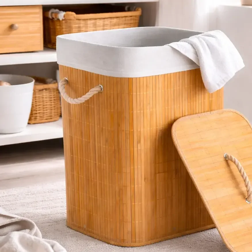 Cesto De Roupa Suja Bambu Dobrável Com Tampa Alças 72 Litros Bambu