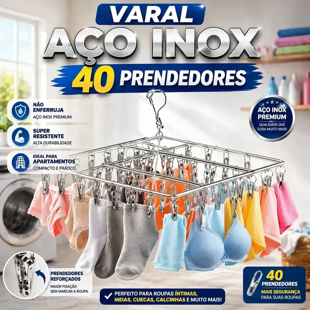 Varal Suspenso Para Roupas Íntimas Em Aço Inox Com 40 Prendedores Prateado