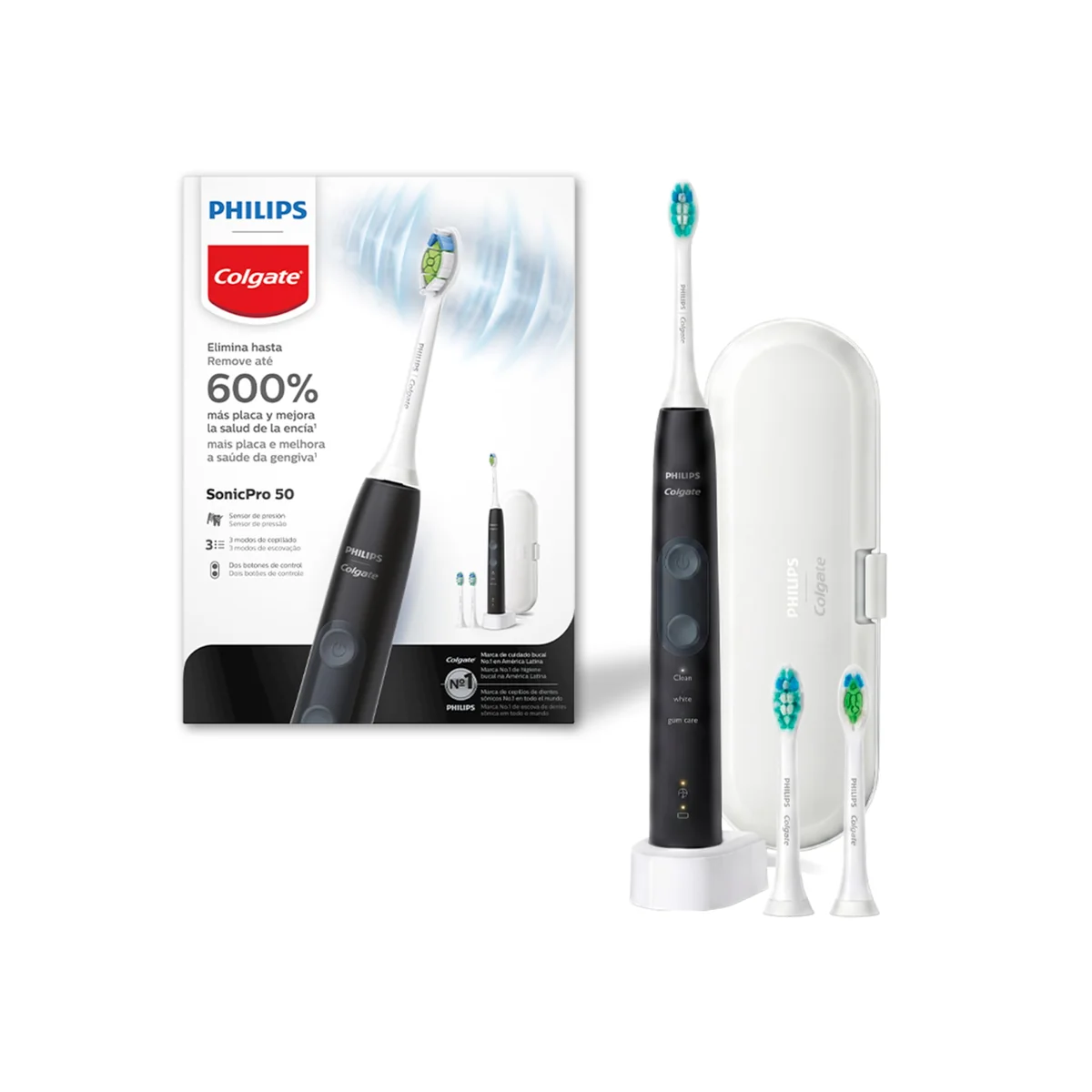 Philips Colgate Escova De Dente Elétrica SonicPro 50, Remove 600% Mais Placa, Gengivas 100% Mais Saudáveis, Recarregável, 3 Cabeças, Estojo De Viagem, Bivolt