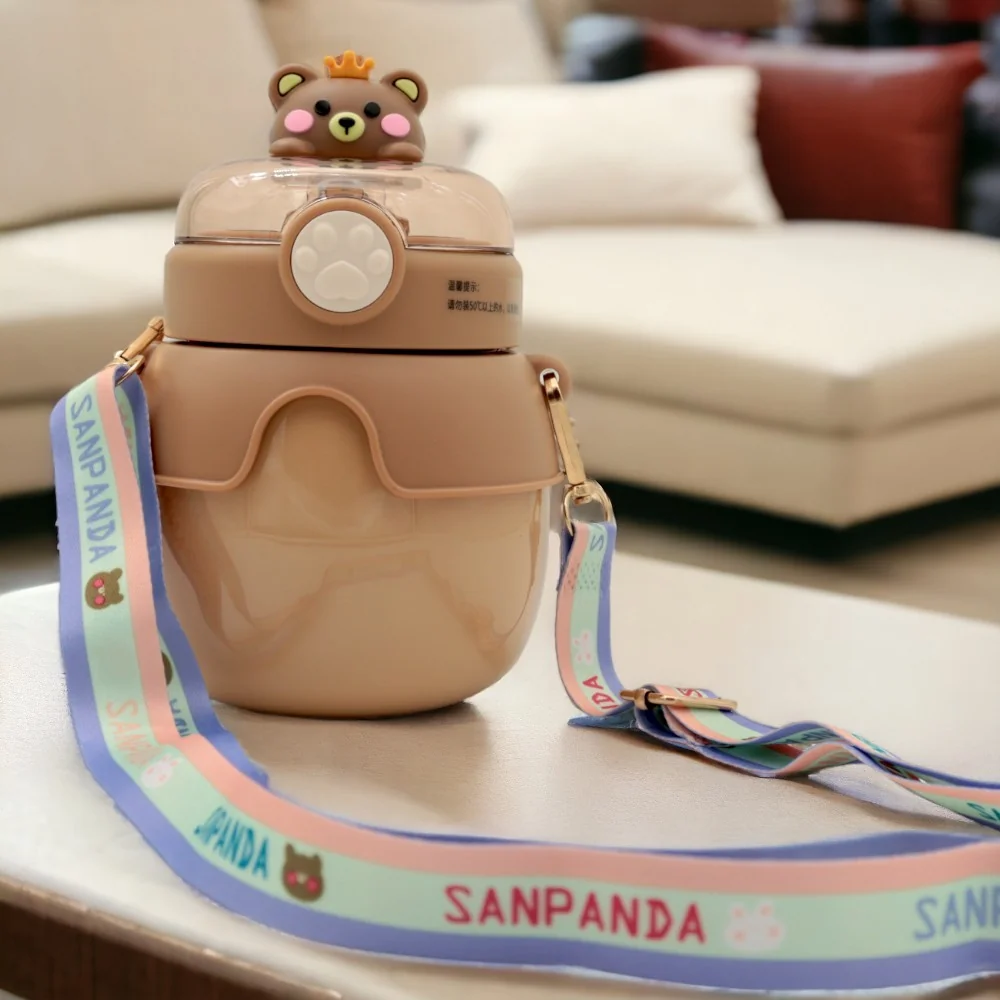 Garrafa Térmica Infantil Canudo 500ml Quente ou Frio Tema Animaizinhos Com Alça e Trava de Segurança