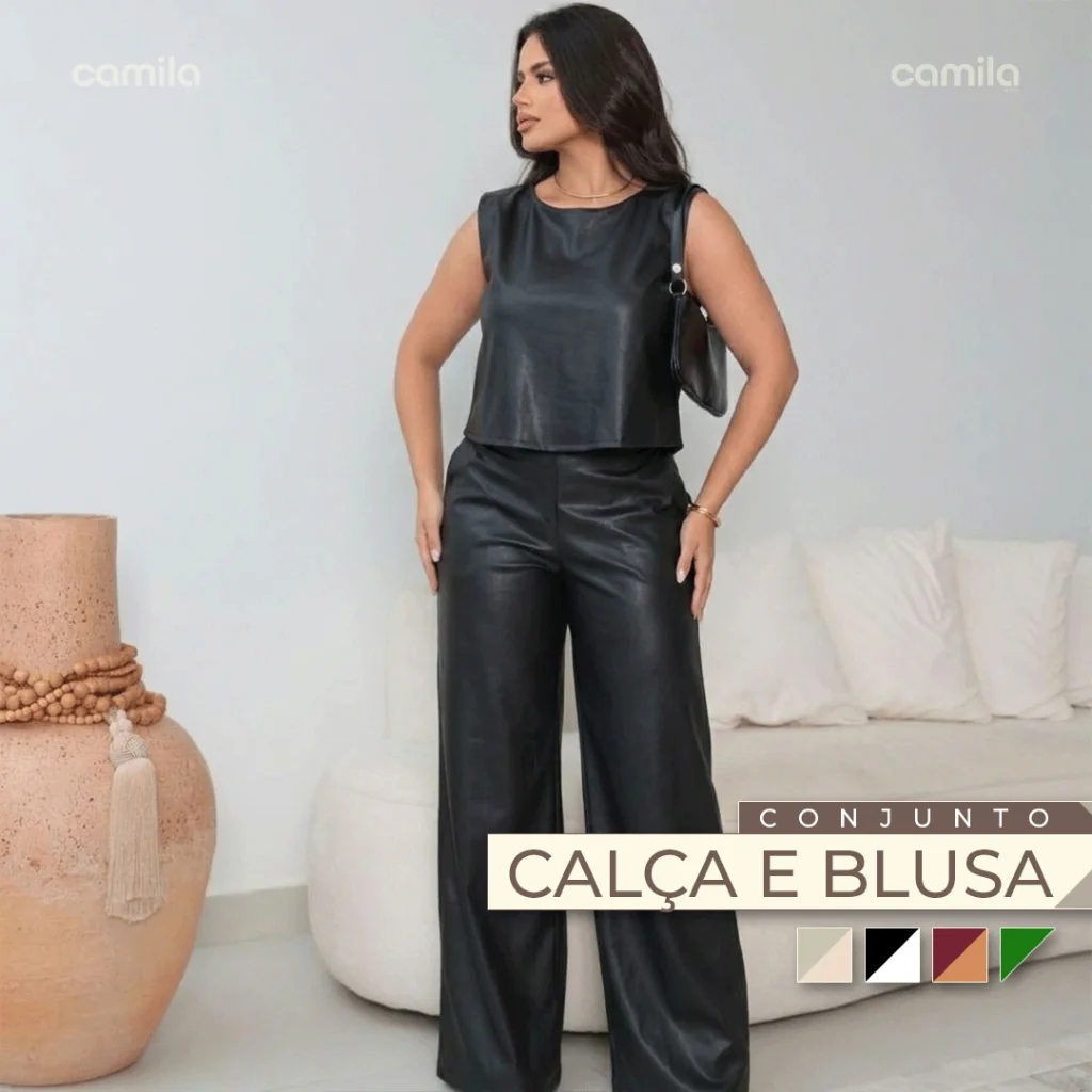 Conjunto Couro Fake Feminino Blusa + Calça Moda Blogueira Look Poderoso Estiloso Elegante Inverno Frio