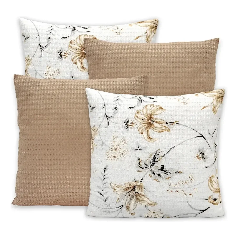 Kit 4 Capas De Almofadas Lisas Estampadas 40x40 Zíper Piquet Cor Lírio - Cáqui Liso / Estampado