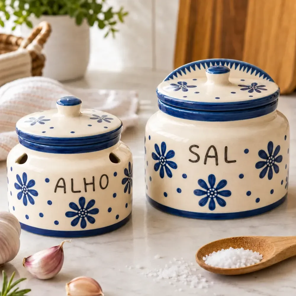 Kit Porta Alho E Porta Sal Em Cerâmica Pote Saleiro Cozinha Cobalto Azul